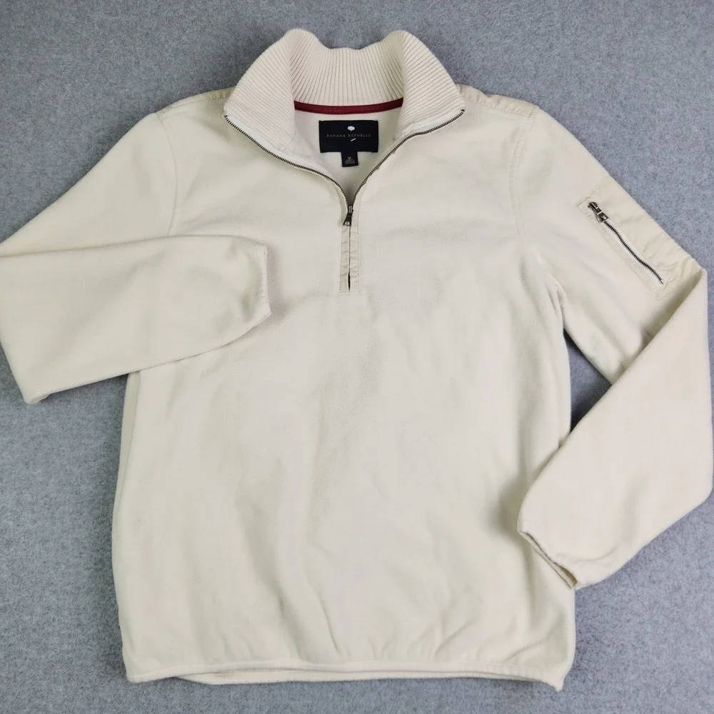 Banana Republic Fleece Sweatshirt Mens Medium Beige Knit‎ Mock Neck Quarter Zip